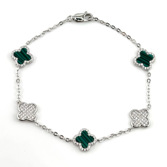 925 Solid Sterling Silver Luxury Green Malachite Clover Bracelet - Picture 4 of 9